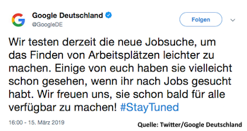 Tweet von Google Deutschland zur neuen Jobsuche