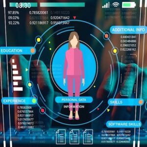 Futuristische Benutzeroberfläche zeigt persönliche Daten.